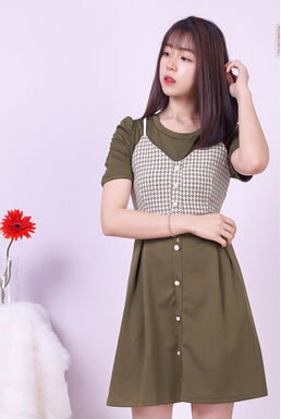 One Piece Pearl Button Down Tweed Details Pleated Dress (Army Green)